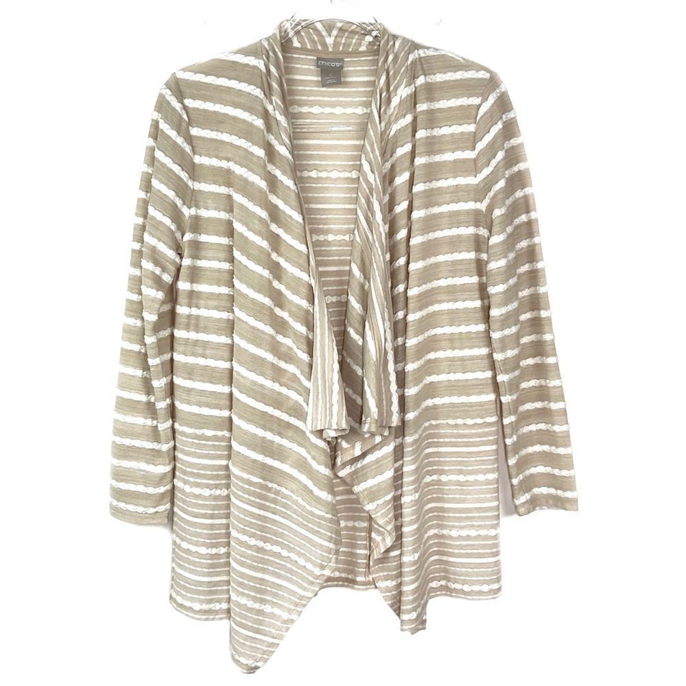Chico’s Beige White Striped Open Front Long Sleeve Cardigan Small